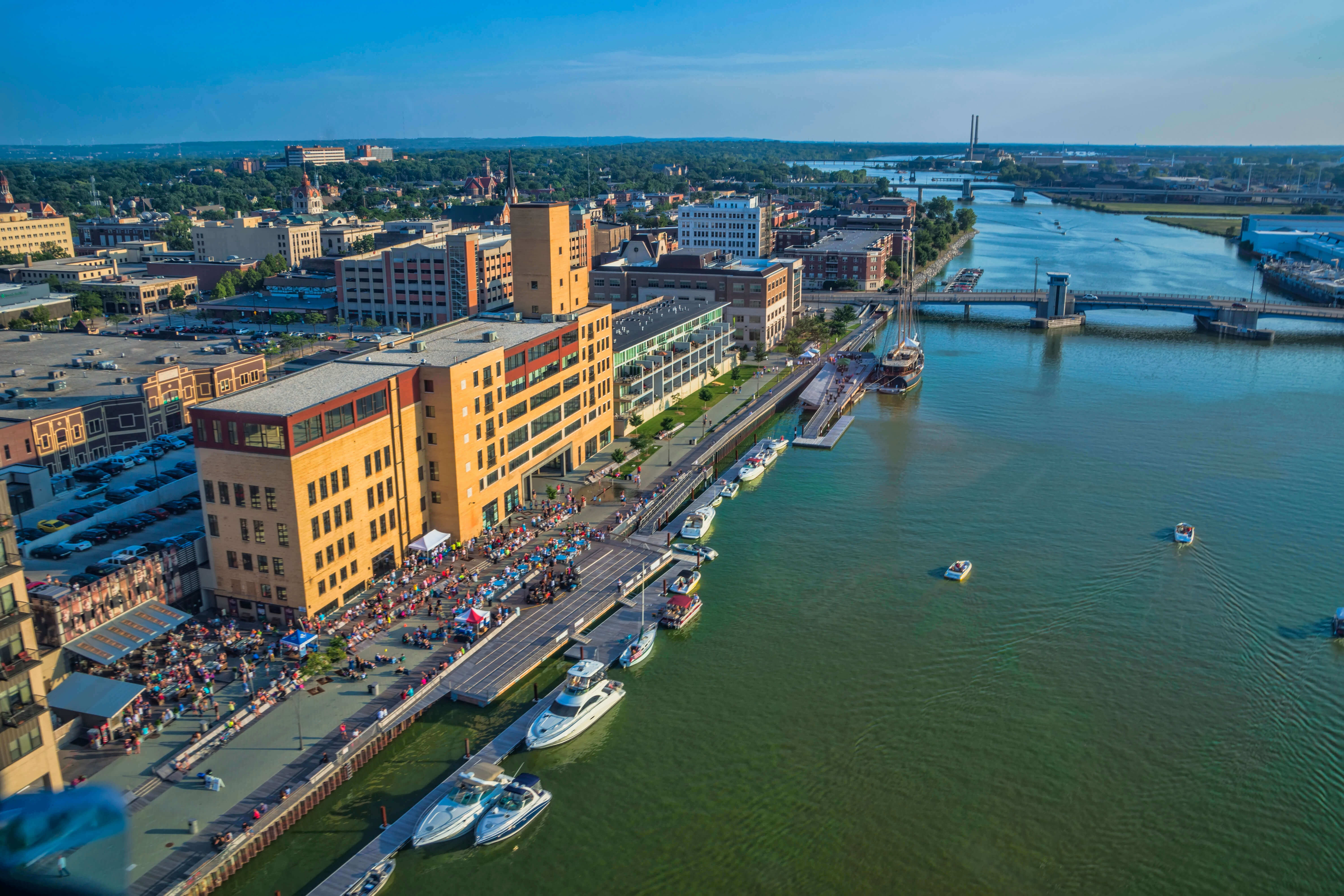 Waterfront buildings with bridge in Green Bay.