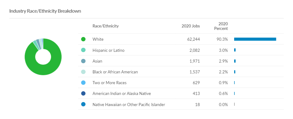 Circle and bar chart showing race and ethnicity breakdown.
